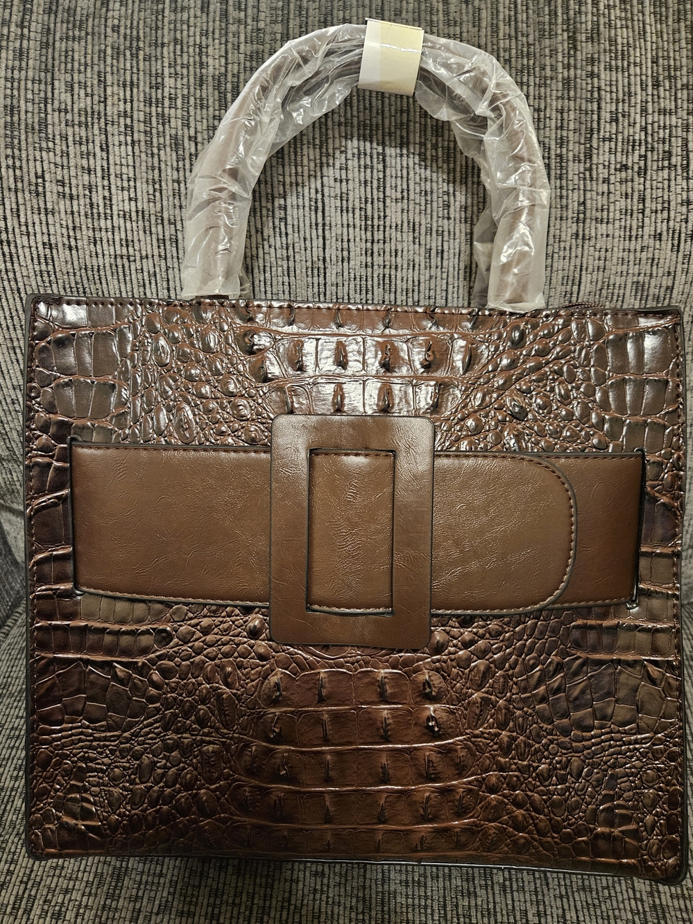 Brown Croc-Embossed Vegan Leather Tote Bag with Buckle Accent